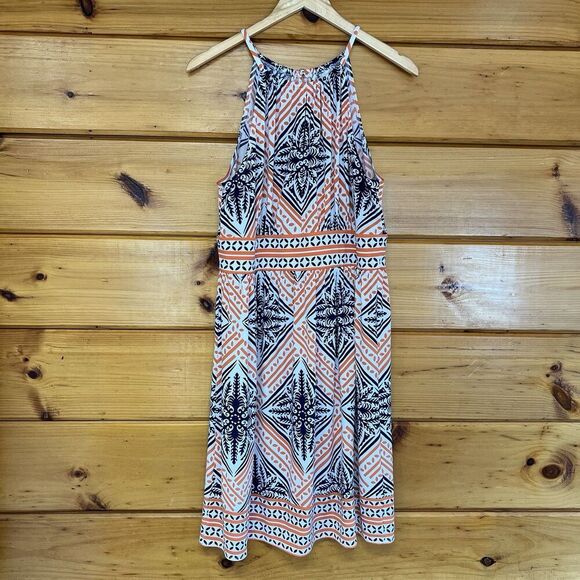 London Times Women's Orange Navy Blue sleeveless A Line Dress Size 12 Stretch - Picture 1 of 5